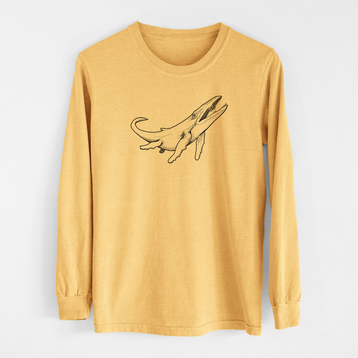 Golden wheat yellow Comfort Colors long sleeve shirt laid flat, printed with a black ink illustration of a Kronosaurus marine reptile swimming.
