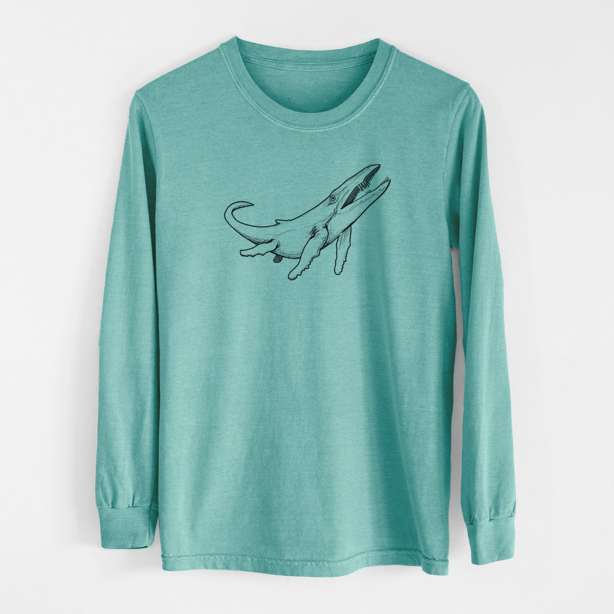 Reef green Comfort Colors long sleeve shirt laid flat, printed with a black ink illustration of a Kronosaurus marine reptile swimming.