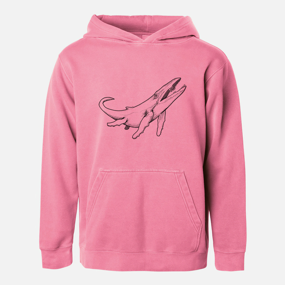 Pigment pink youth pigment dyed hoodie laid flat, printed with a black ink illustration of a Kronosaurus marine reptile swimming.