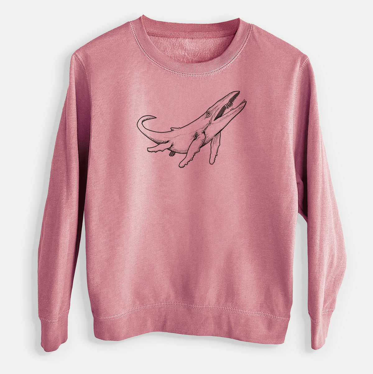 Mauve pink youth crewneck sweatshirt laid flat, printed with a black ink illustration of a Kronosaurus marine reptile swimming.