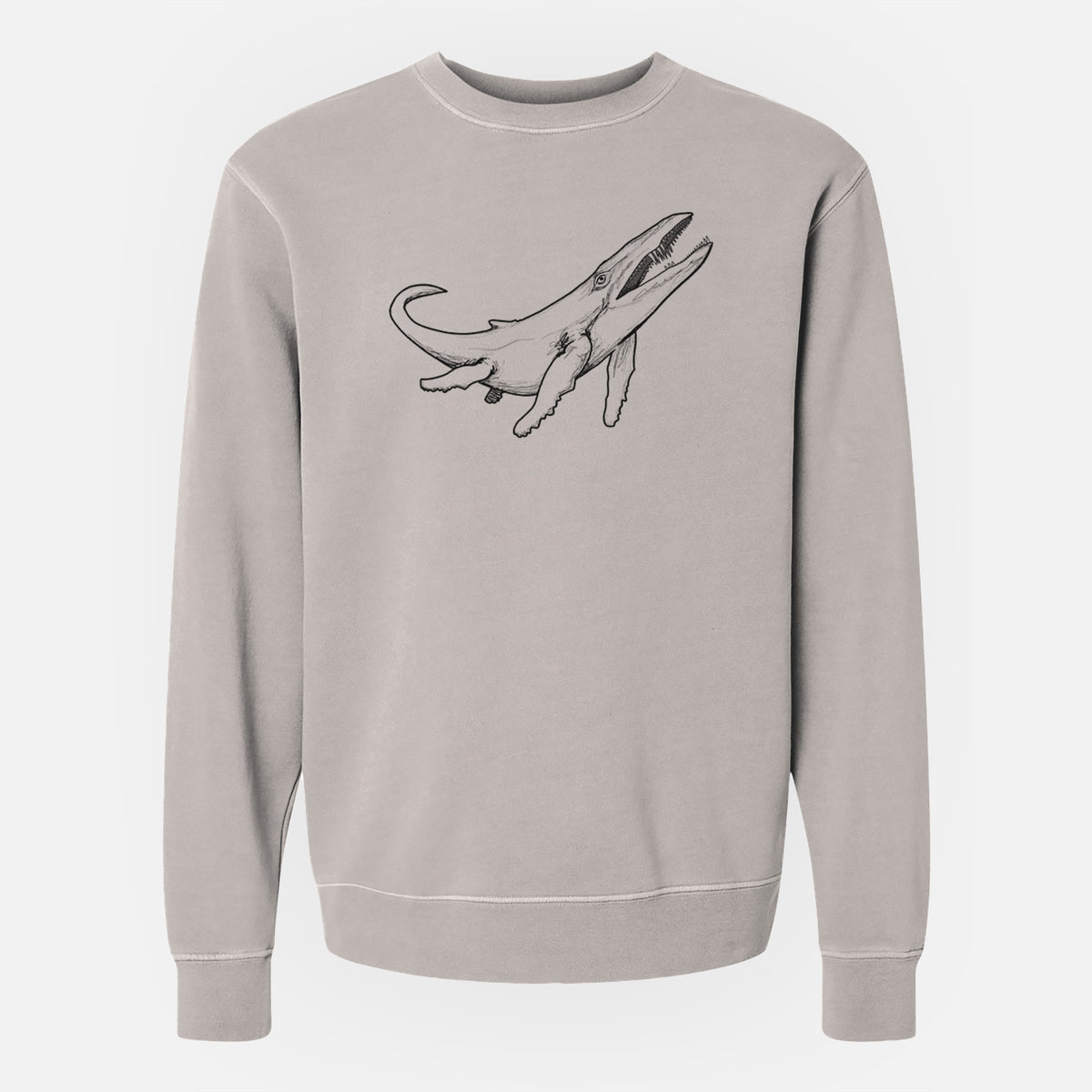 Cement grey pigment dyed crewneck sweatshirt laid flat, printed with a black ink illustration of a Kronosaurus marine reptile swimming.
