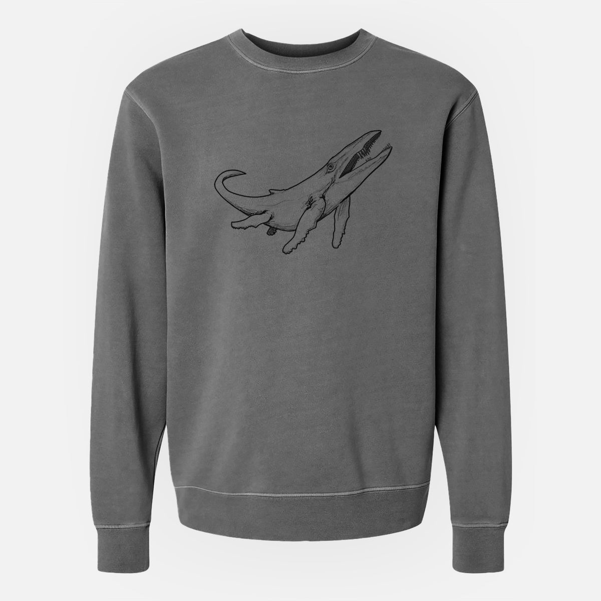 Faded black pigment dyed crewneck sweatshirt laid flat, printed with a black ink illustration of a Kronosaurus marine reptile swimming.