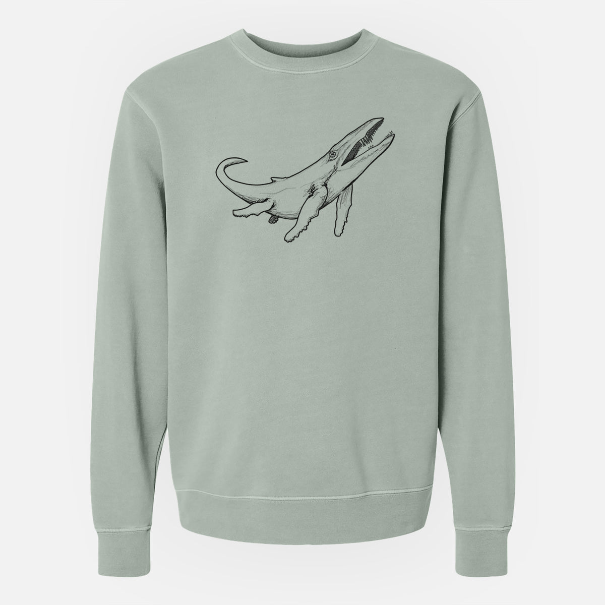 Sage green pigment dyed crewneck sweatshirt laid flat, printed with a black ink illustration of a Kronosaurus marine reptile swimming.