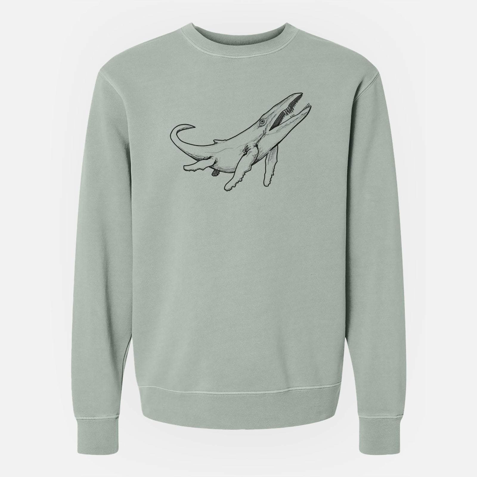 Sage green pigment dyed crewneck sweatshirt laid flat, printed with a black ink illustration of a Kronosaurus marine reptile swimming.