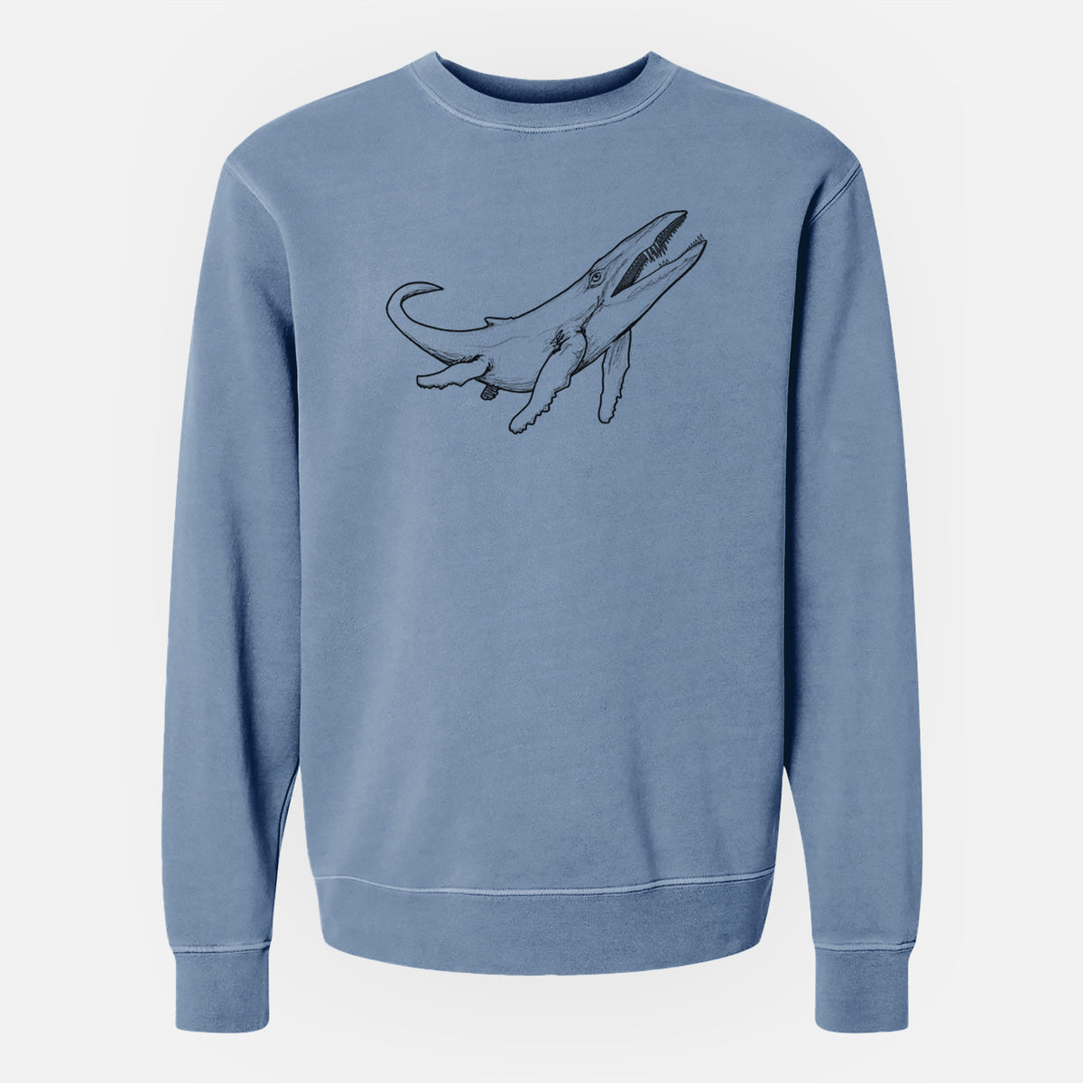 Slate blue pigment dyed crewneck sweatshirt laid flat, printed with a black ink illustration of a Kronosaurus marine reptile swimming.