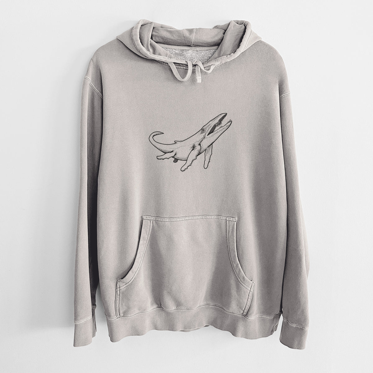 Cement grey pigment dyed hoodie laid flat, printed with a black ink illustration of a Kronosaurus marine reptile swimming.