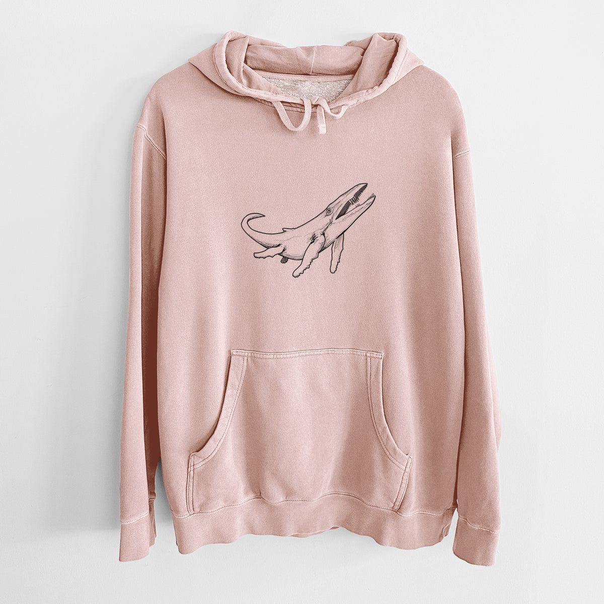 Dusty pink pigment dyed hoodie laid flat, printed with a black ink illustration of a Kronosaurus marine reptile swimming.