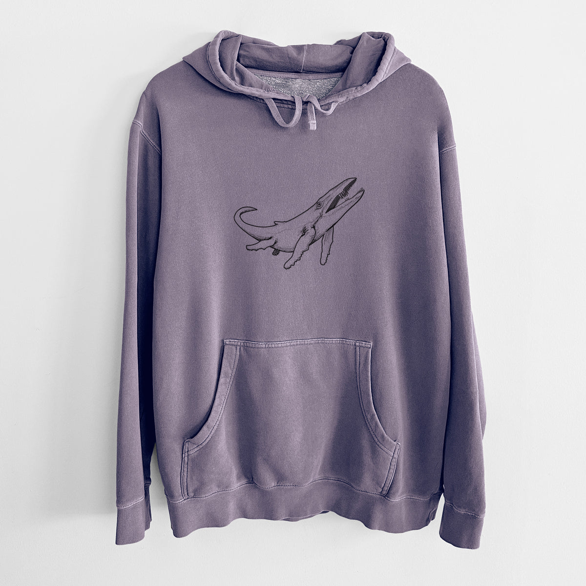 Plum purple pigment dyed hoodie laid flat, printed with a black ink illustration of a Kronosaurus marine reptile swimming.