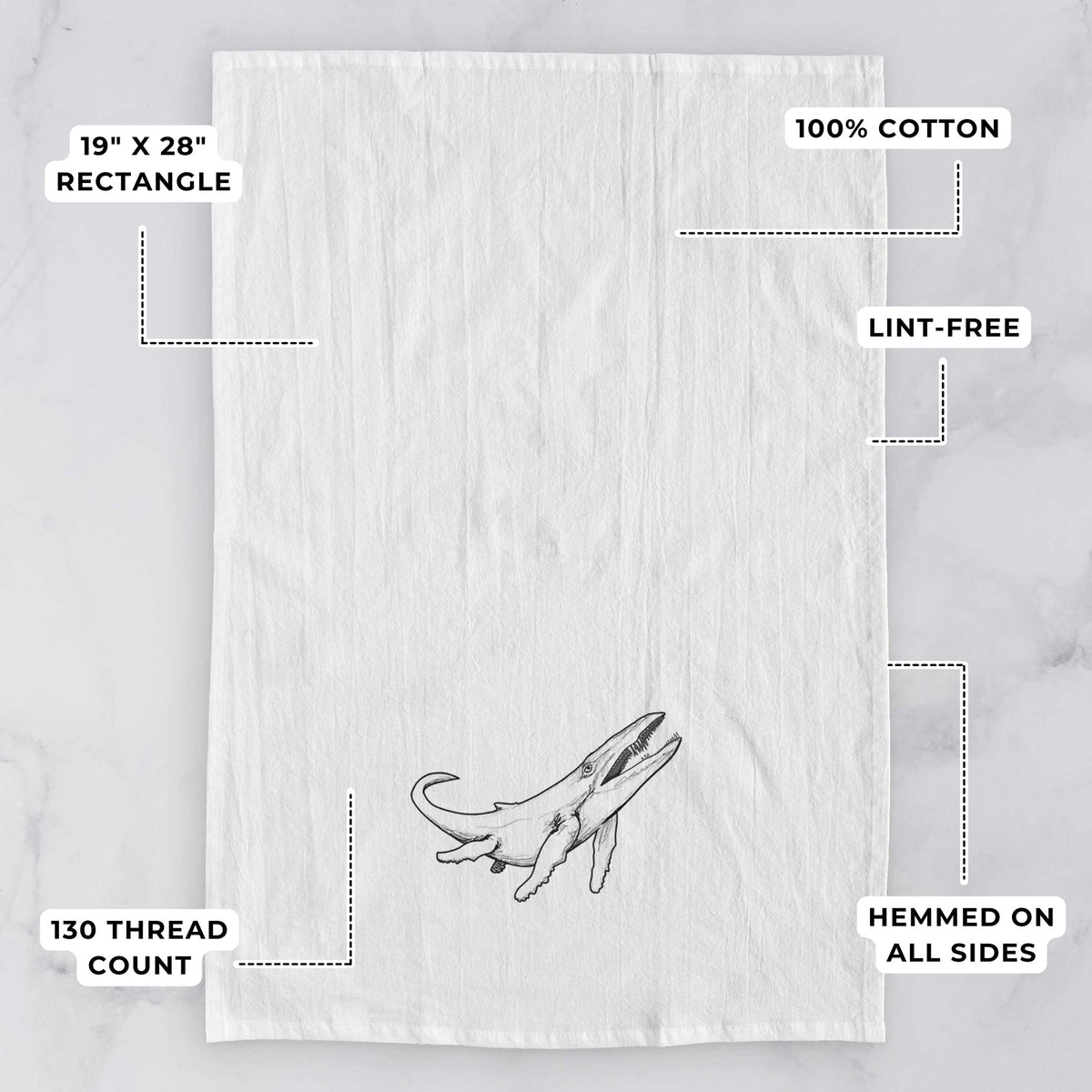White tea towel printed with a black ink illustration of a Kronosaurus marine reptile swimming, with feature labels: 19 by 28 inch rectangle, 100% cotton, lint-free, 130 thread count, hemmed on all sides.