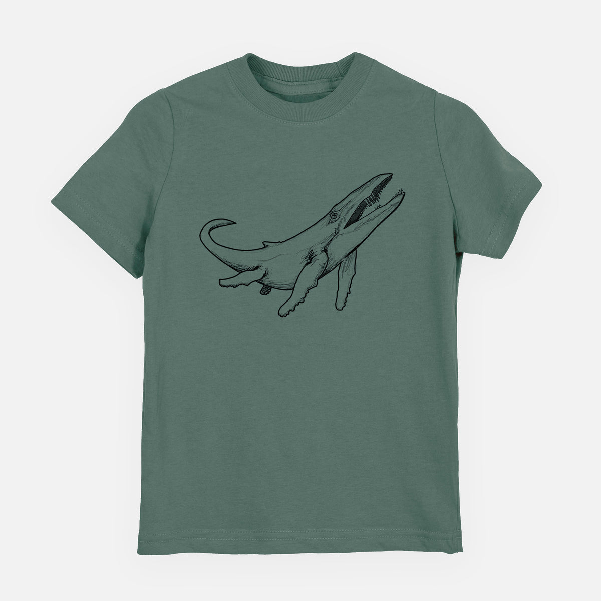 Basil green youth t-shirt laid flat, printed with a black ink illustration of a Kronosaurus marine reptile swimming.