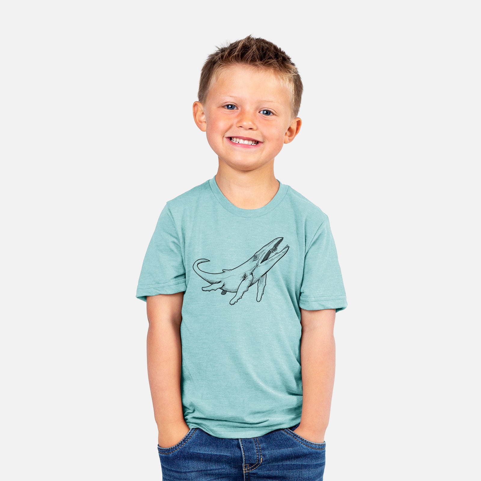 Two youth t-shirts in different colors on hangers, printed with a black ink illustration of a Kronosaurus marine reptile swimming.
