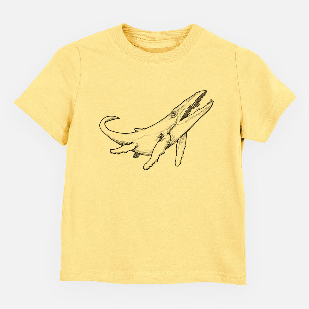 Butter yellow toddler t-shirt laid flat, printed with a black ink illustration of a Kronosaurus marine reptile swimming.