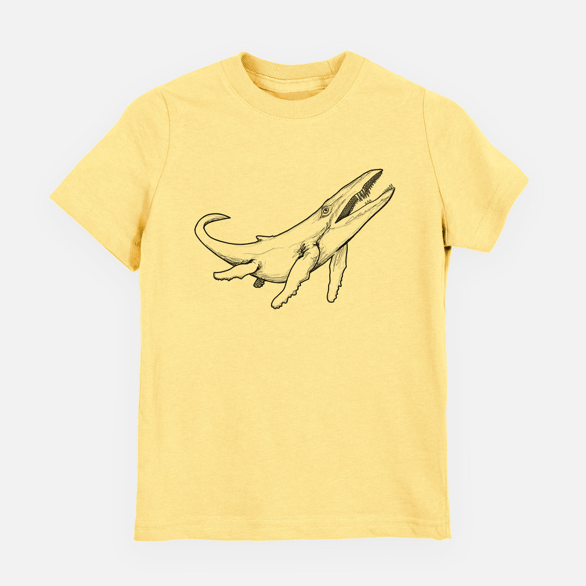 Butter yellow youth t-shirt laid flat, printed with a black ink illustration of a Kronosaurus marine reptile swimming.