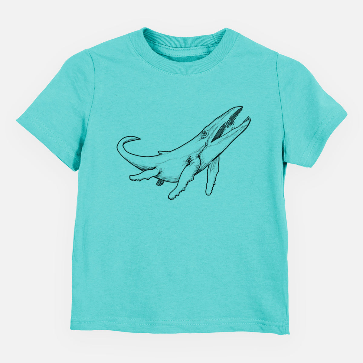 Caribbean blue toddler t-shirt laid flat, printed with a black ink illustration of a Kronosaurus marine reptile swimming.