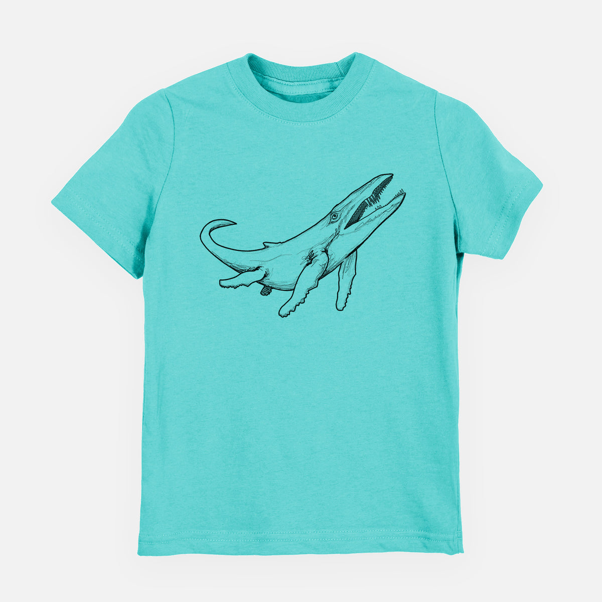 Caribbean blue youth t-shirt laid flat, printed with a black ink illustration of a Kronosaurus marine reptile swimming.