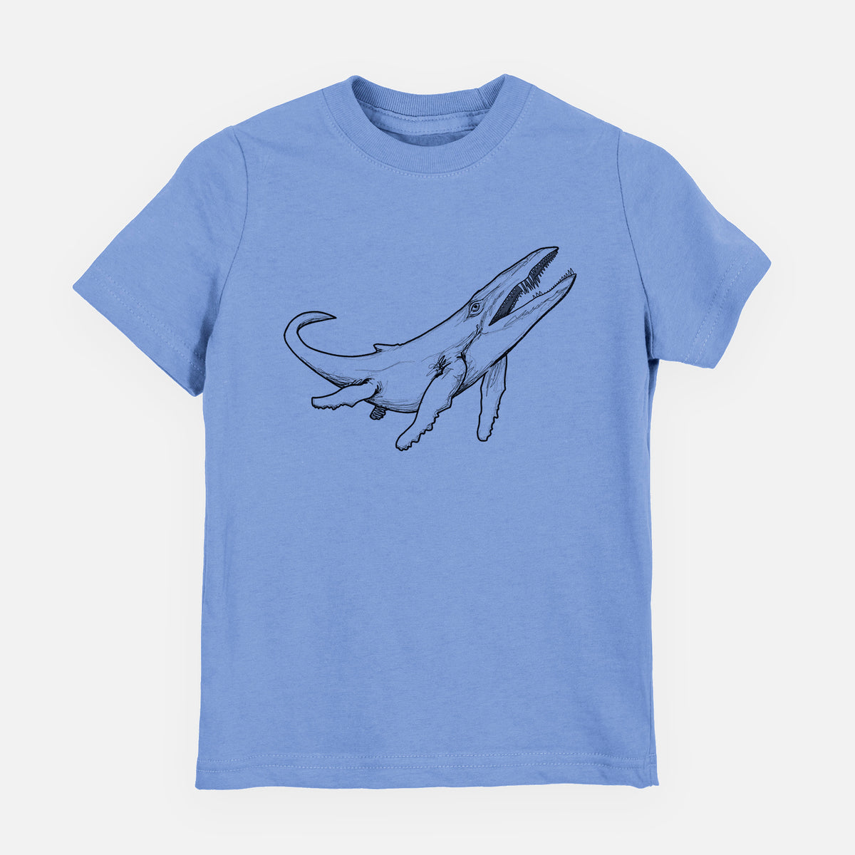 Carolina blue youth t-shirt laid flat, printed with a black ink illustration of a Kronosaurus marine reptile swimming.