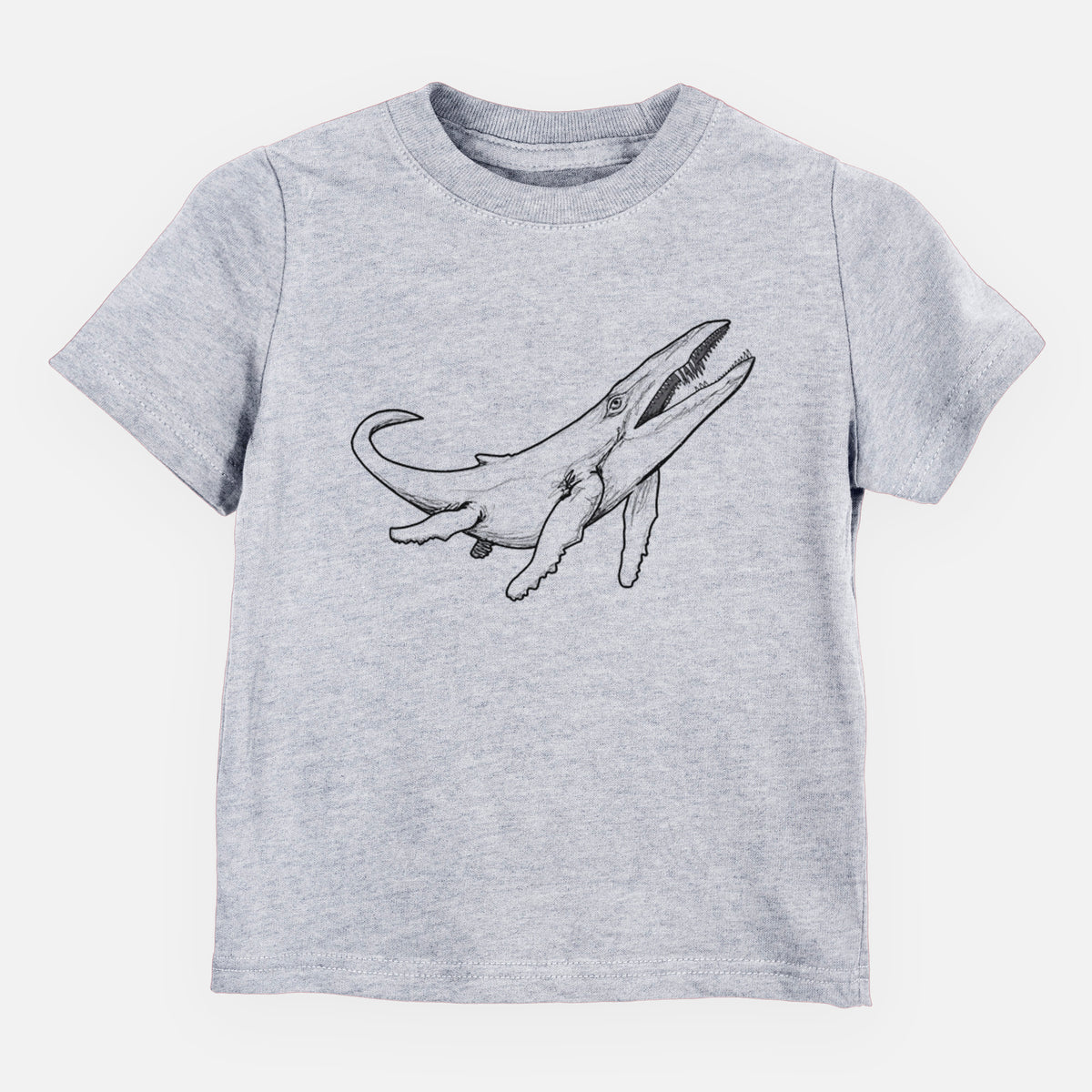 Heather grey toddler t-shirt laid flat, printed with a black ink illustration of a Kronosaurus marine reptile swimming.