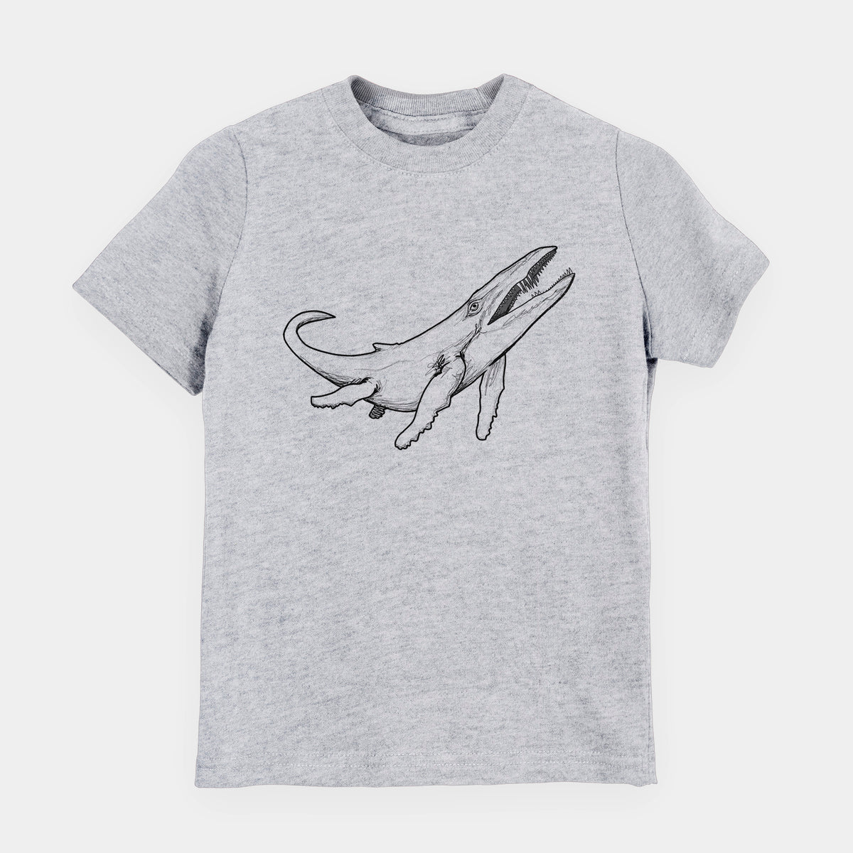 Heather grey youth t-shirt laid flat, printed with a black ink illustration of a Kronosaurus marine reptile swimming.