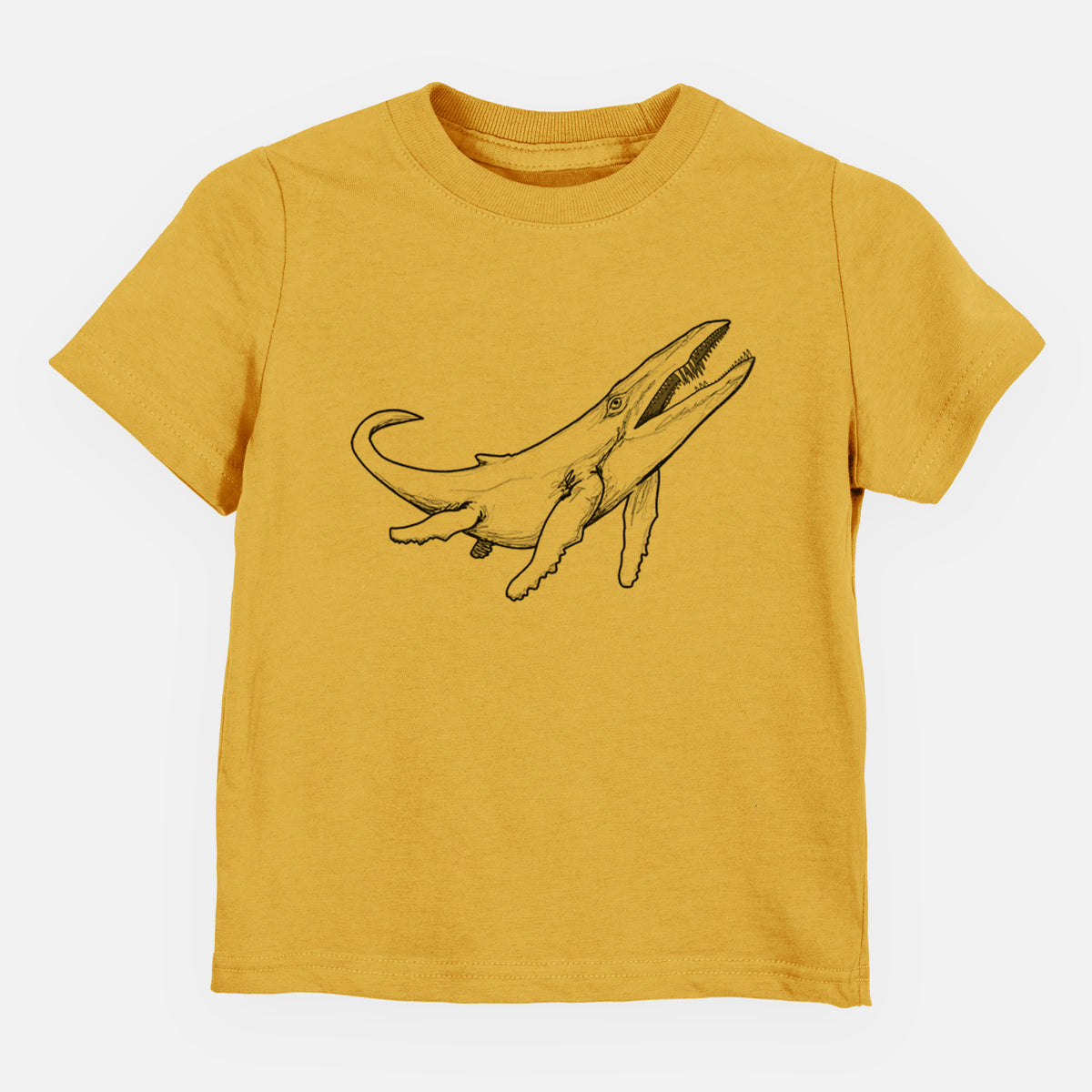 Honeycomb yellow toddler t-shirt laid flat, printed with a black ink illustration of a Kronosaurus marine reptile swimming.