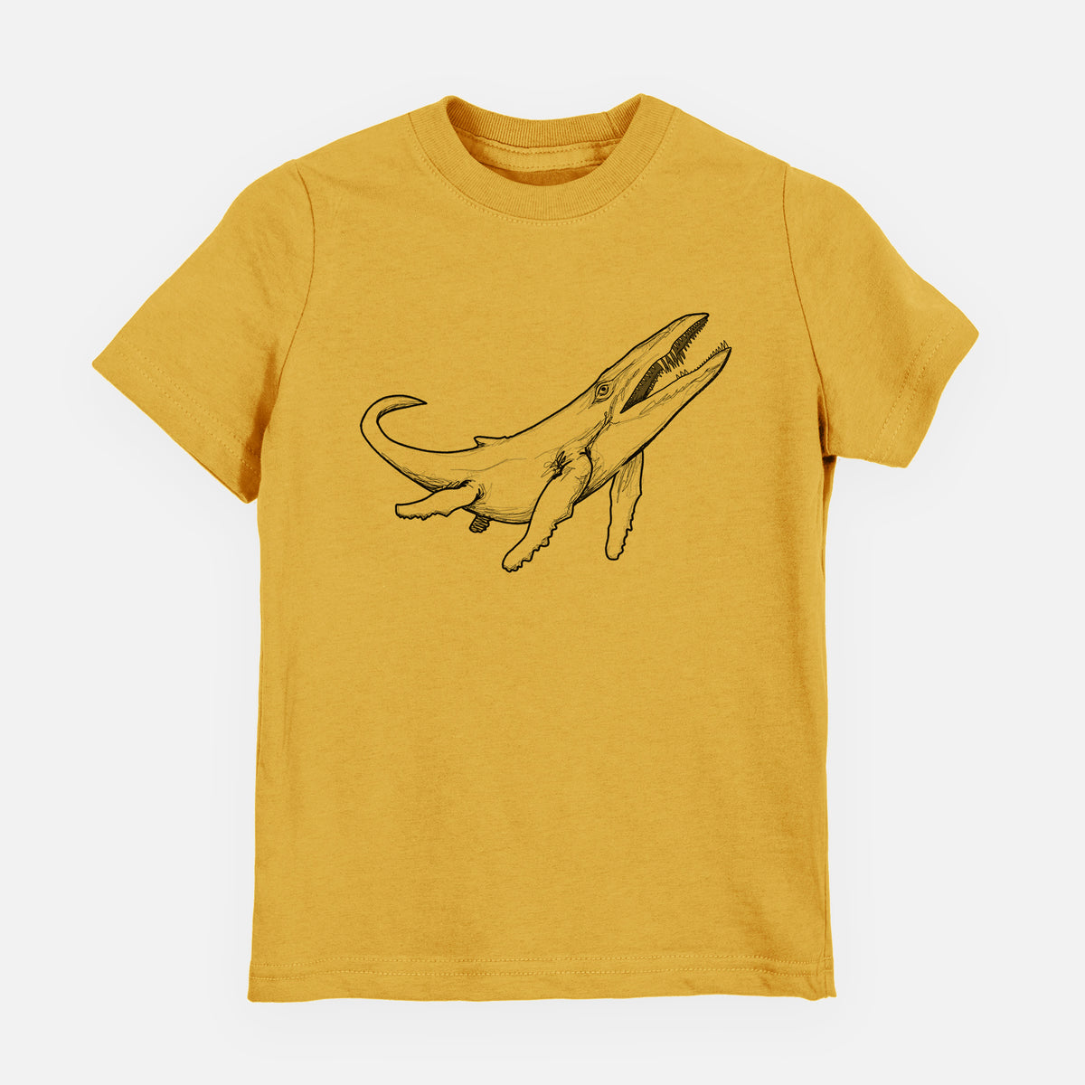 Honeycomb yellow youth t-shirt laid flat, printed with a black ink illustration of a Kronosaurus marine reptile swimming.