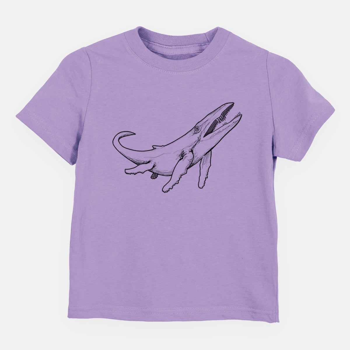 Lavender toddler t-shirt laid flat, printed with a black ink illustration of a Kronosaurus marine reptile swimming.