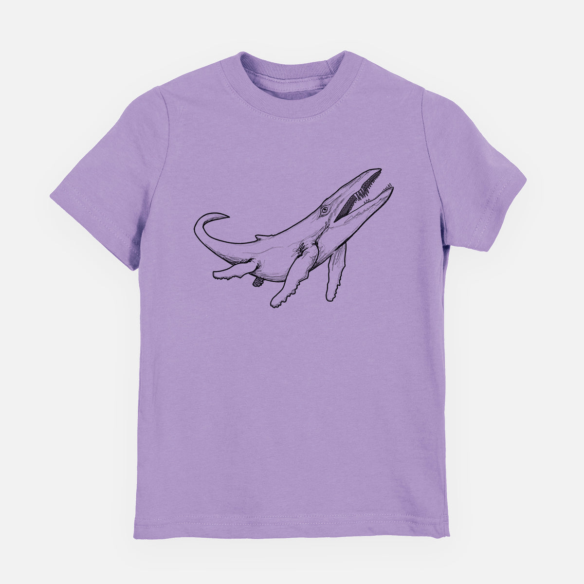 Lavender youth t-shirt laid flat, printed with a black ink illustration of a Kronosaurus marine reptile swimming.