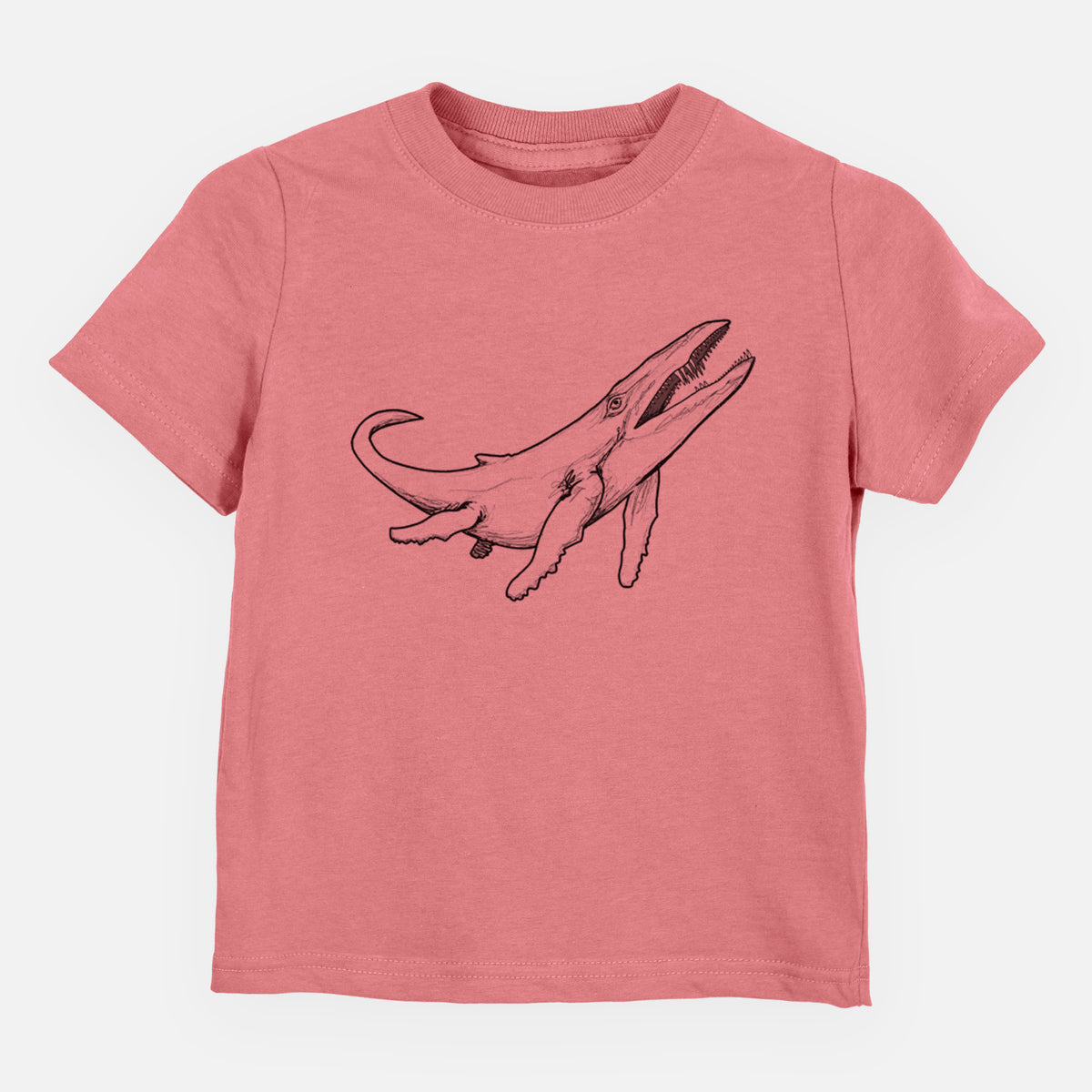 Mauve pink toddler t-shirt laid flat, printed with a black ink illustration of a Kronosaurus marine reptile swimming.