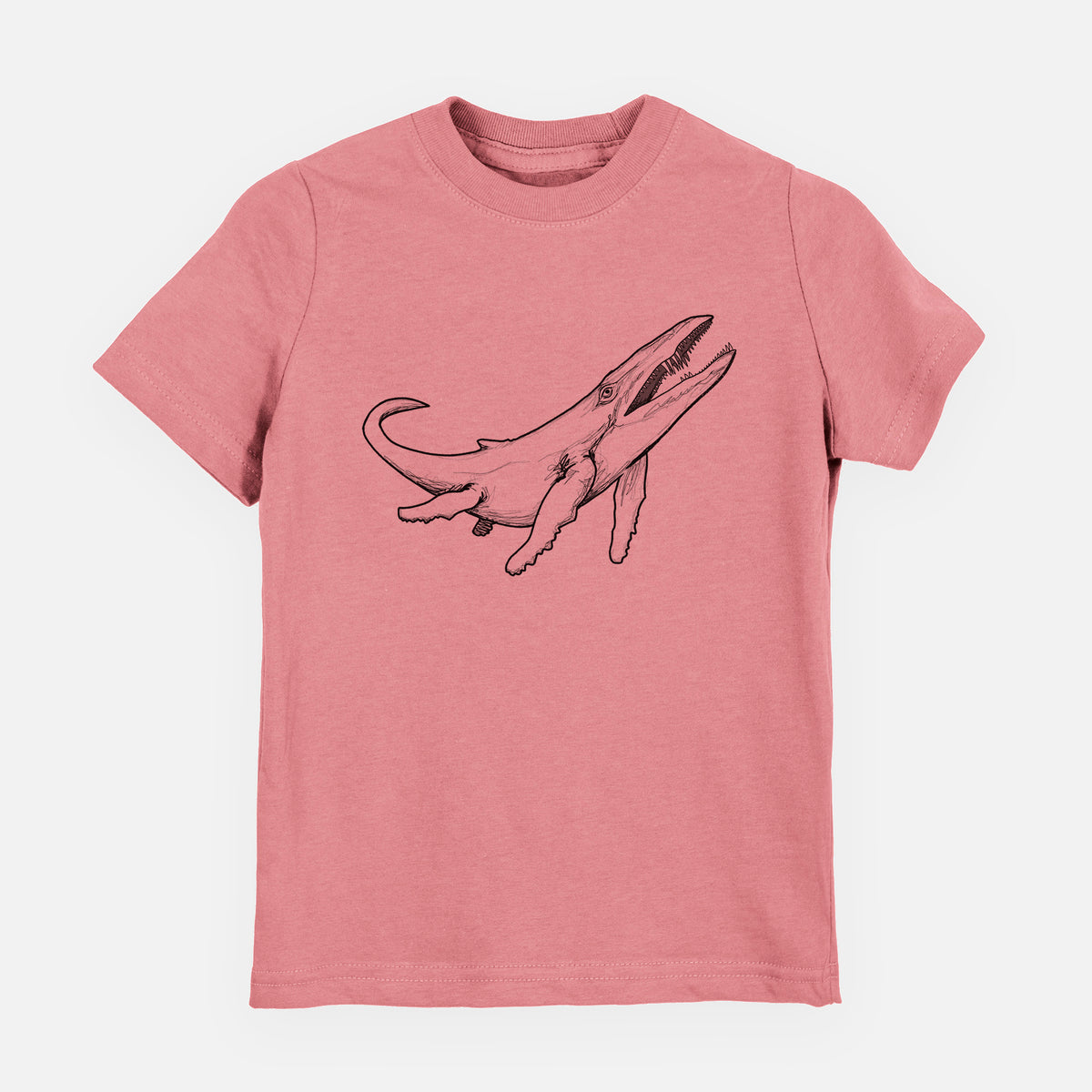 Mauve pink youth t-shirt laid flat, printed with a black ink illustration of a Kronosaurus marine reptile swimming.