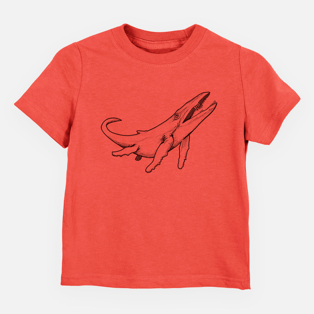 Passionfruit pink toddler t-shirt laid flat, printed with a black ink illustration of a Kronosaurus marine reptile swimming.