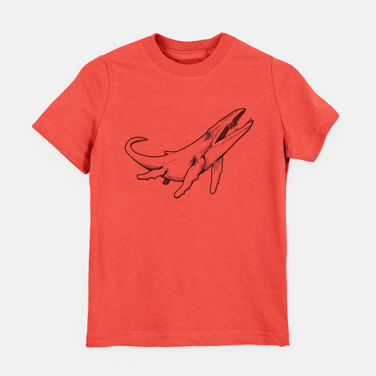 Passionfruit pink youth t-shirt laid flat, printed with a black ink illustration of a Kronosaurus marine reptile swimming.