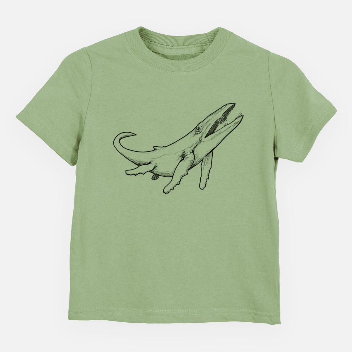 Sage green toddler t-shirt laid flat, printed with a black ink illustration of a Kronosaurus marine reptile swimming.