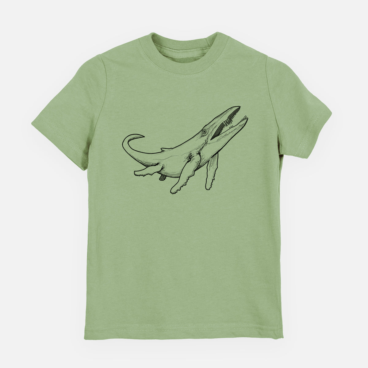 Sage green youth t-shirt laid flat, printed with a black ink illustration of a Kronosaurus marine reptile swimming.