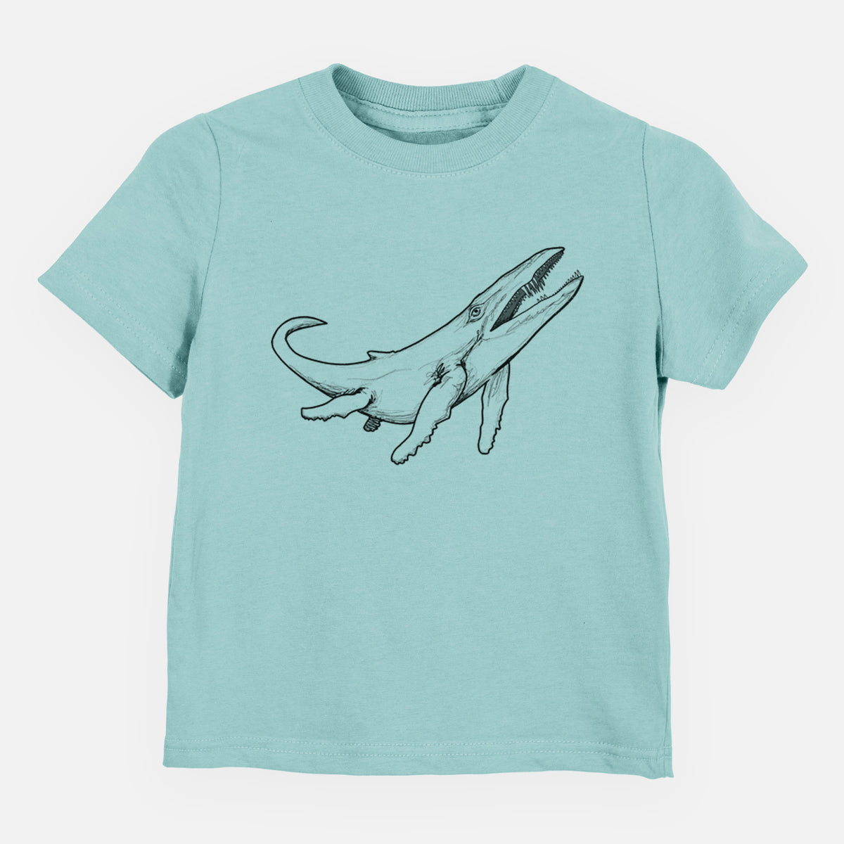 Saltwater toddler t-shirt laid flat, printed with a black ink illustration of a Kronosaurus marine reptile swimming.
