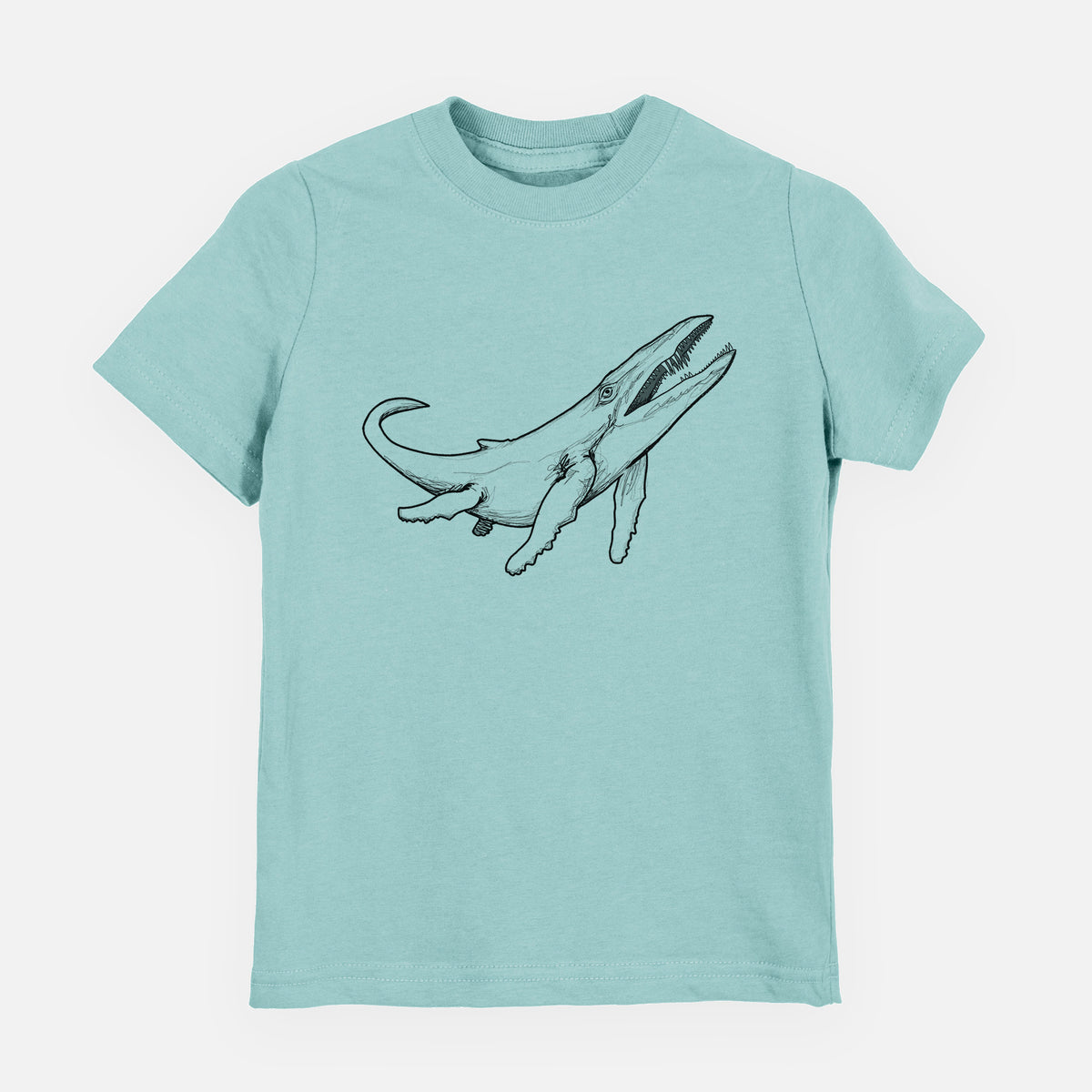 Saltwater youth t-shirt laid flat, printed with a black ink illustration of a Kronosaurus marine reptile swimming.