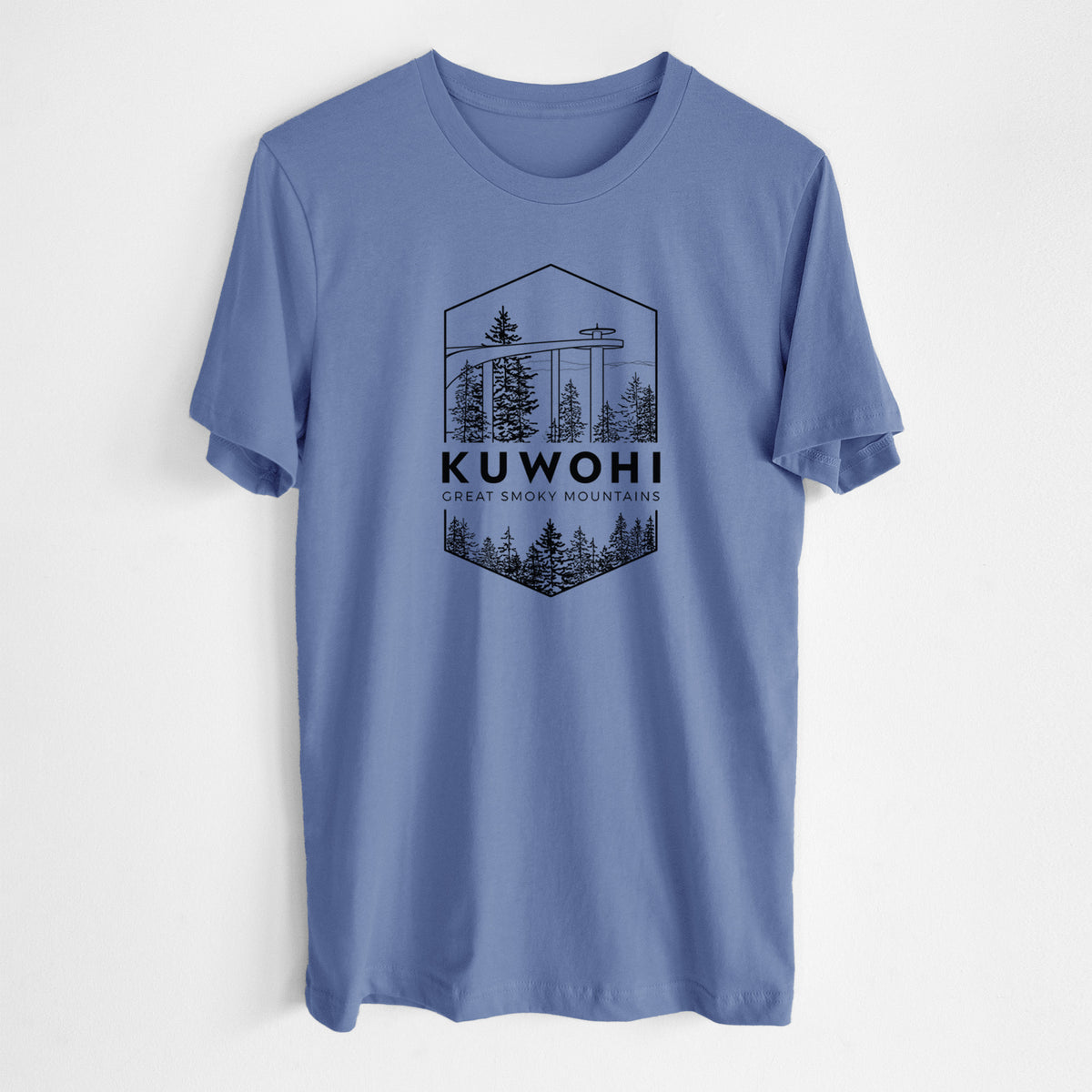 Blue bell lightweight cotton t-shirt laid flat, printed with a black line art badge of the Kuwohi observation tower above pine trees, with the words Kuwohi, Great Smoky Mountains.