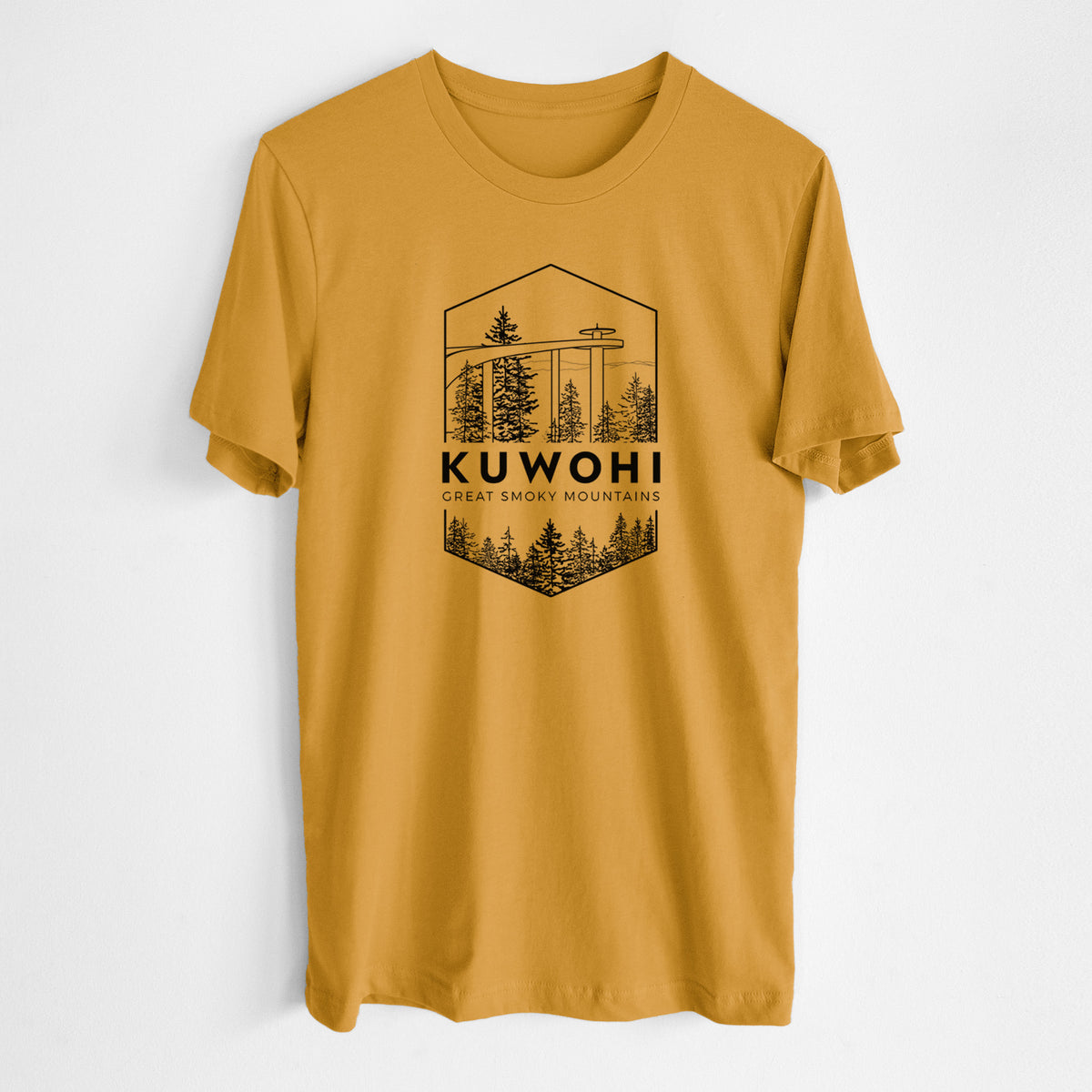 Honeycomb yellow lightweight cotton t-shirt laid flat, printed with a black line art badge of the Kuwohi observation tower above pine trees, with the words Kuwohi, Great Smoky Mountains.