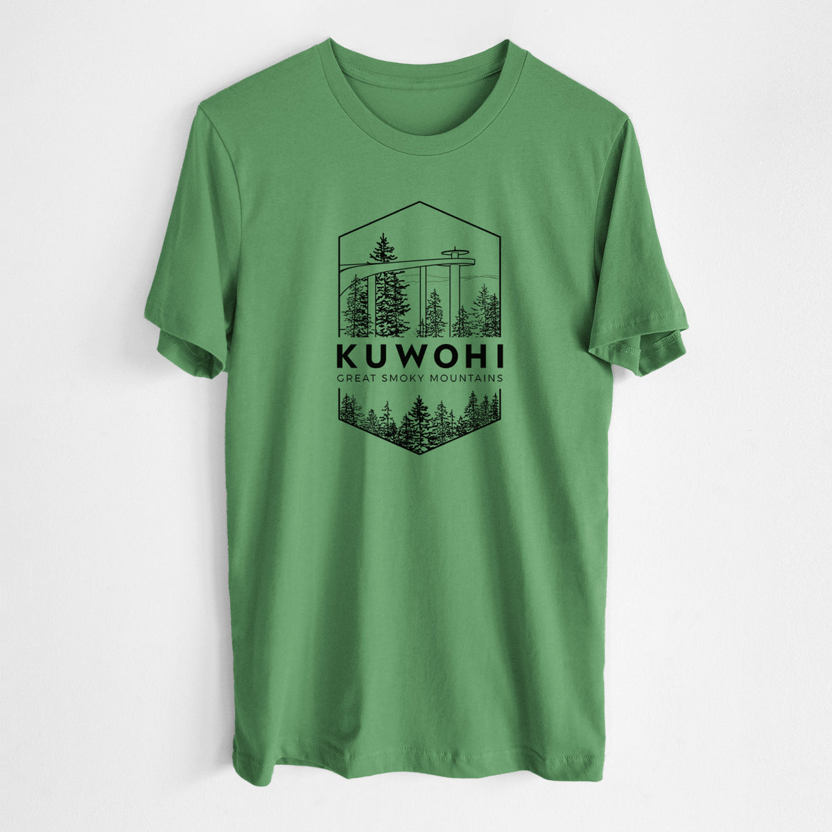 Leaf green lightweight cotton t-shirt laid flat, printed with a black line art badge of the Kuwohi observation tower above pine trees, with the words Kuwohi, Great Smoky Mountains.