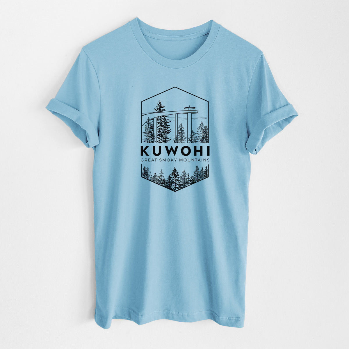 Ocean blue lightweight cotton t-shirt laid flat, printed with a black line art badge of the Kuwohi observation tower above pine trees, with the words Kuwohi, Great Smoky Mountains.