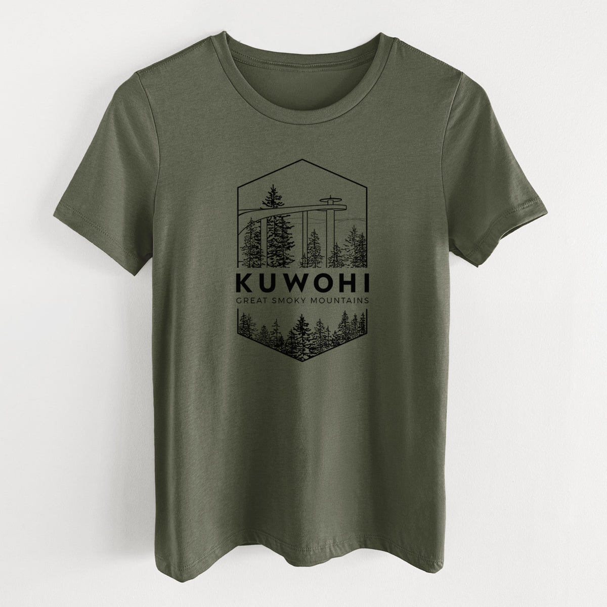 Military green women's relaxed fit cotton t-shirt laid flat, printed with a black line art badge of the Kuwohi observation tower above pine trees, with the words Kuwohi, Great Smoky Mountains.
