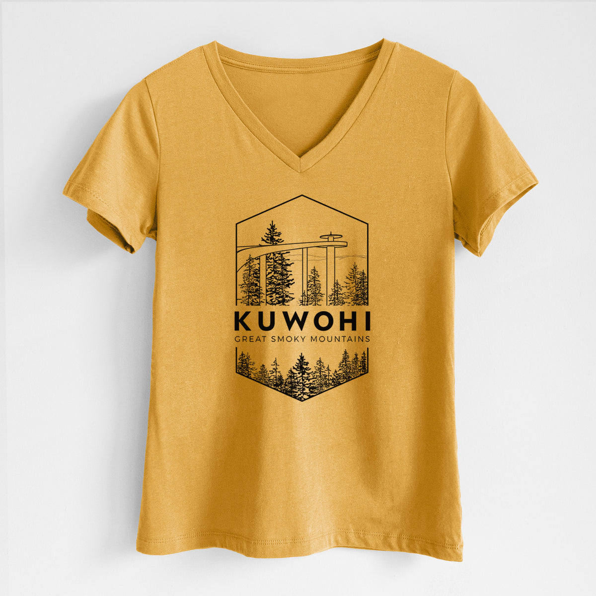 Honeycomb yellow women's relaxed fit cotton V-neck t-shirt laid flat, printed with a black line art badge of the Kuwohi observation tower above pine trees, with the words Kuwohi, Great Smoky Mountains.