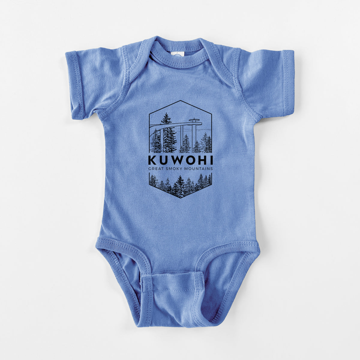 Carolina blue baby bodysuit laid flat, printed with a black line art badge of the Kuwohi observation tower above pine trees, with the words Kuwohi, Great Smoky Mountains.