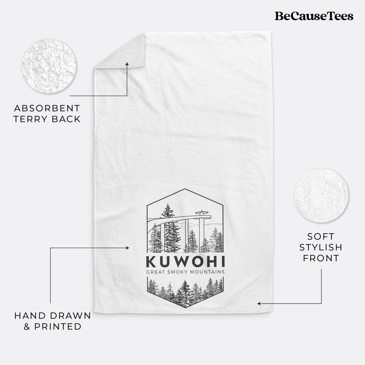 White hand towel printed with a black line art badge of the Kuwohi observation tower above pine trees, with the words Kuwohi, Great Smoky Mountains.
