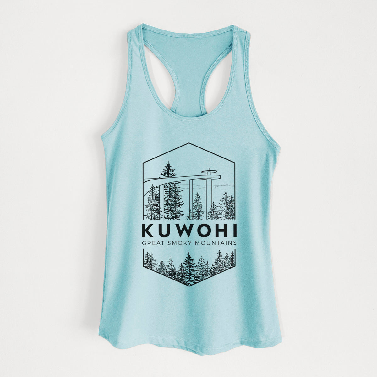 Cancun blue women's racerback tank top laid flat, printed with a black line art badge of the Kuwohi observation tower above pine trees, with the words Kuwohi, Great Smoky Mountains.