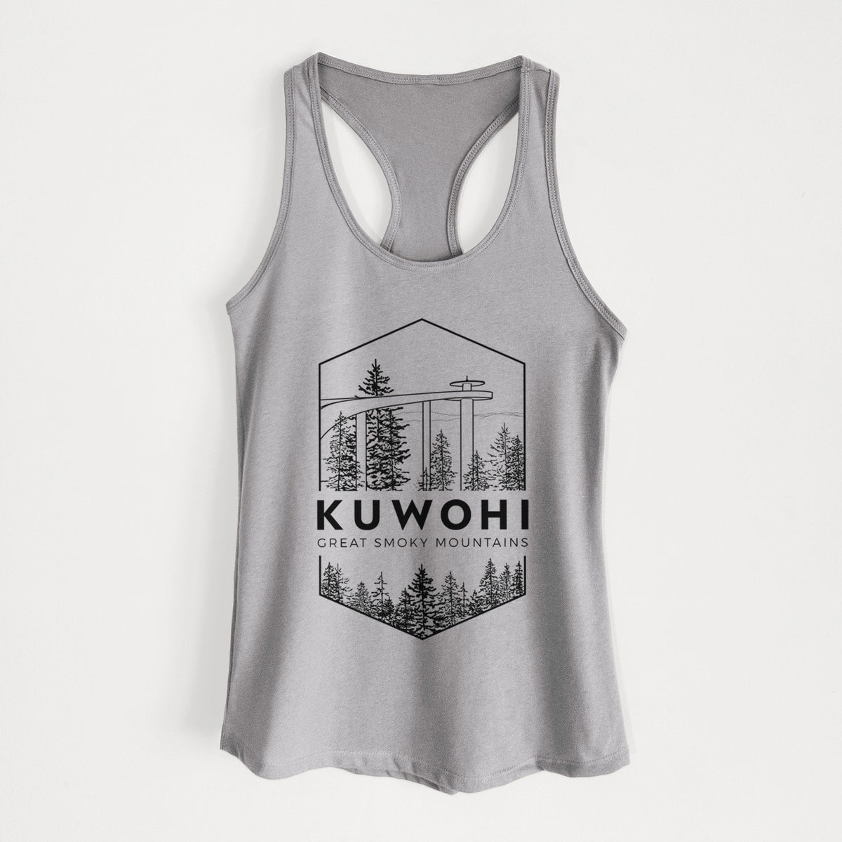 Heather grey women's racerback tank top laid flat, printed with a black line art badge of the Kuwohi observation tower above pine trees, with the words Kuwohi, Great Smoky Mountains.