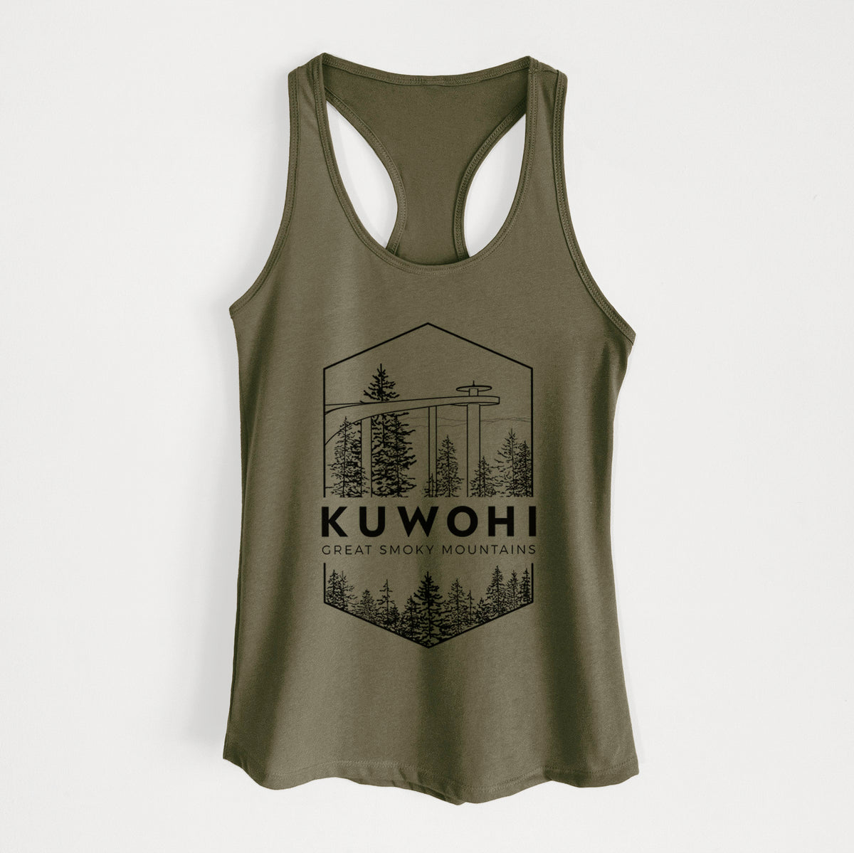 Military green women's racerback tank top laid flat, printed with a black line art badge of the Kuwohi observation tower above pine trees, with the words Kuwohi, Great Smoky Mountains.