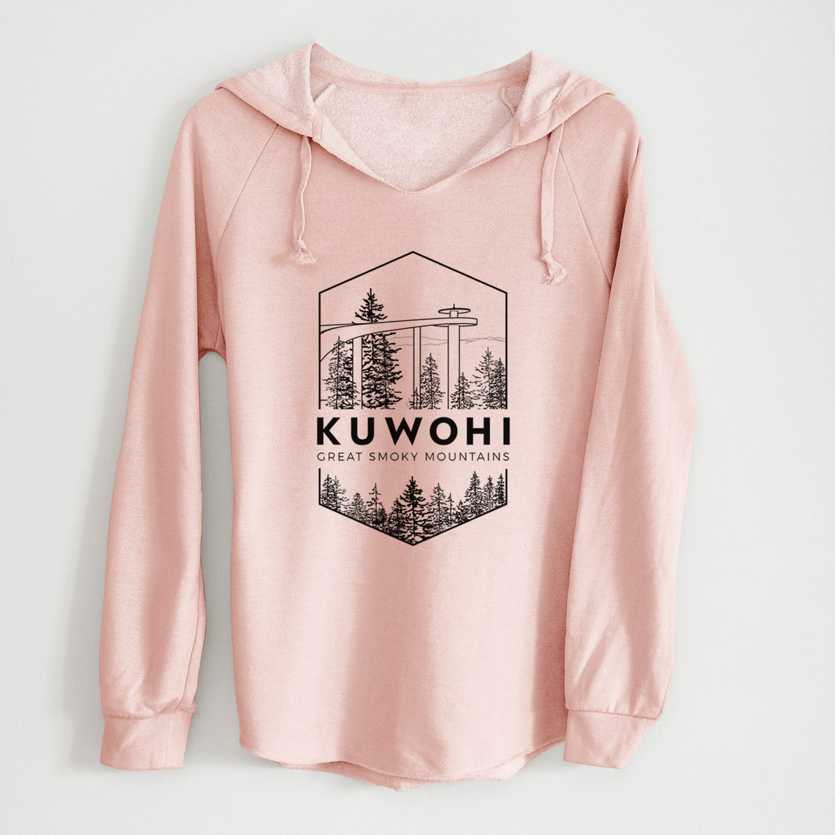 Blush pink women's Cali Wave hooded sweatshirt laid flat, printed with a black line art badge of the Kuwohi observation tower above pine trees, with the words Kuwohi, Great Smoky Mountains.