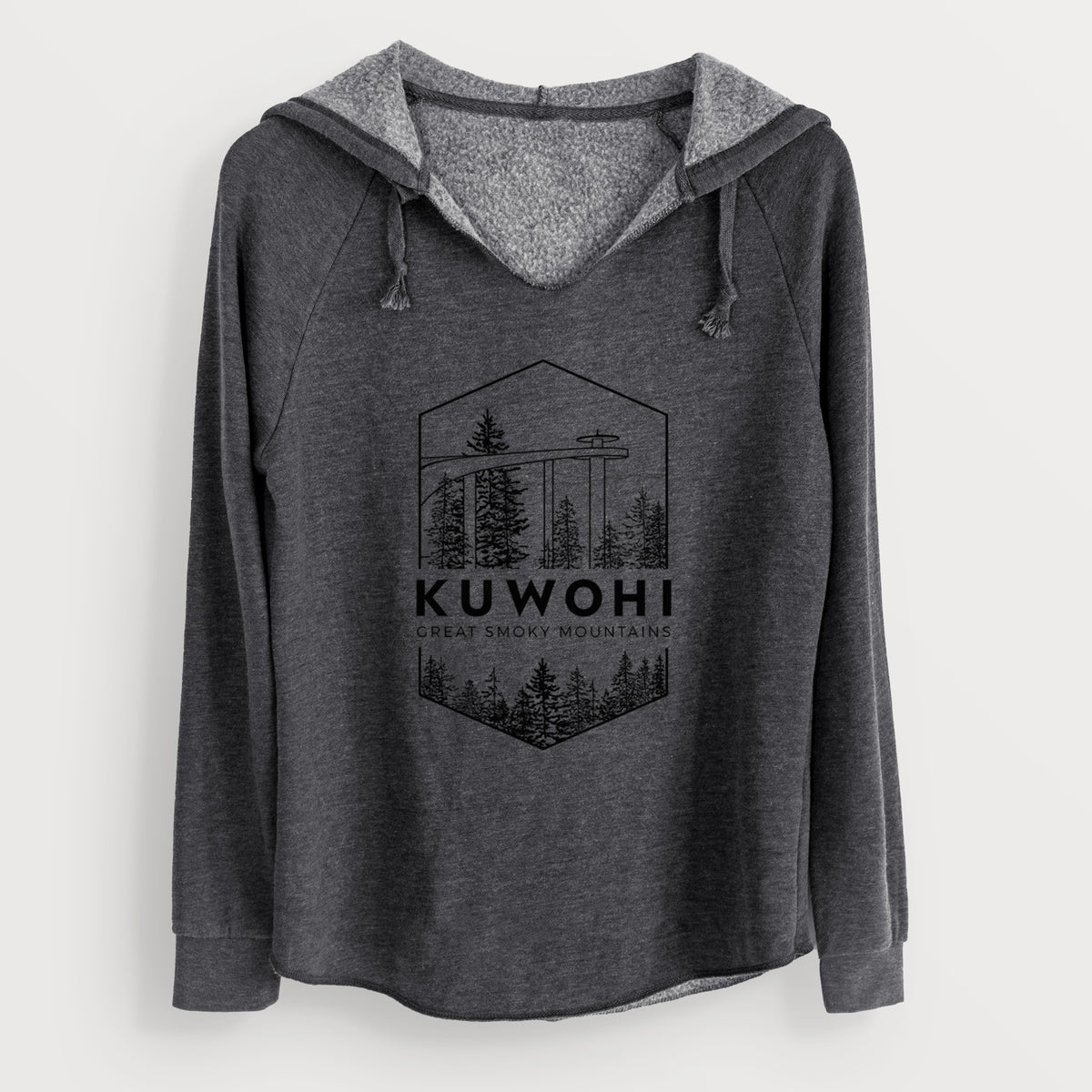 Charcoal grey women's Cali Wave hooded sweatshirt laid flat, printed with a black line art badge of the Kuwohi observation tower above pine trees, with the words Kuwohi, Great Smoky Mountains.