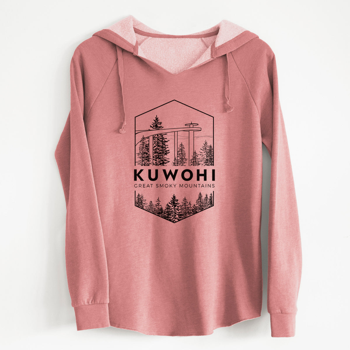Dusty rose women's Cali Wave hooded sweatshirt laid flat, printed with a black line art badge of the Kuwohi observation tower above pine trees, with the words Kuwohi, Great Smoky Mountains.