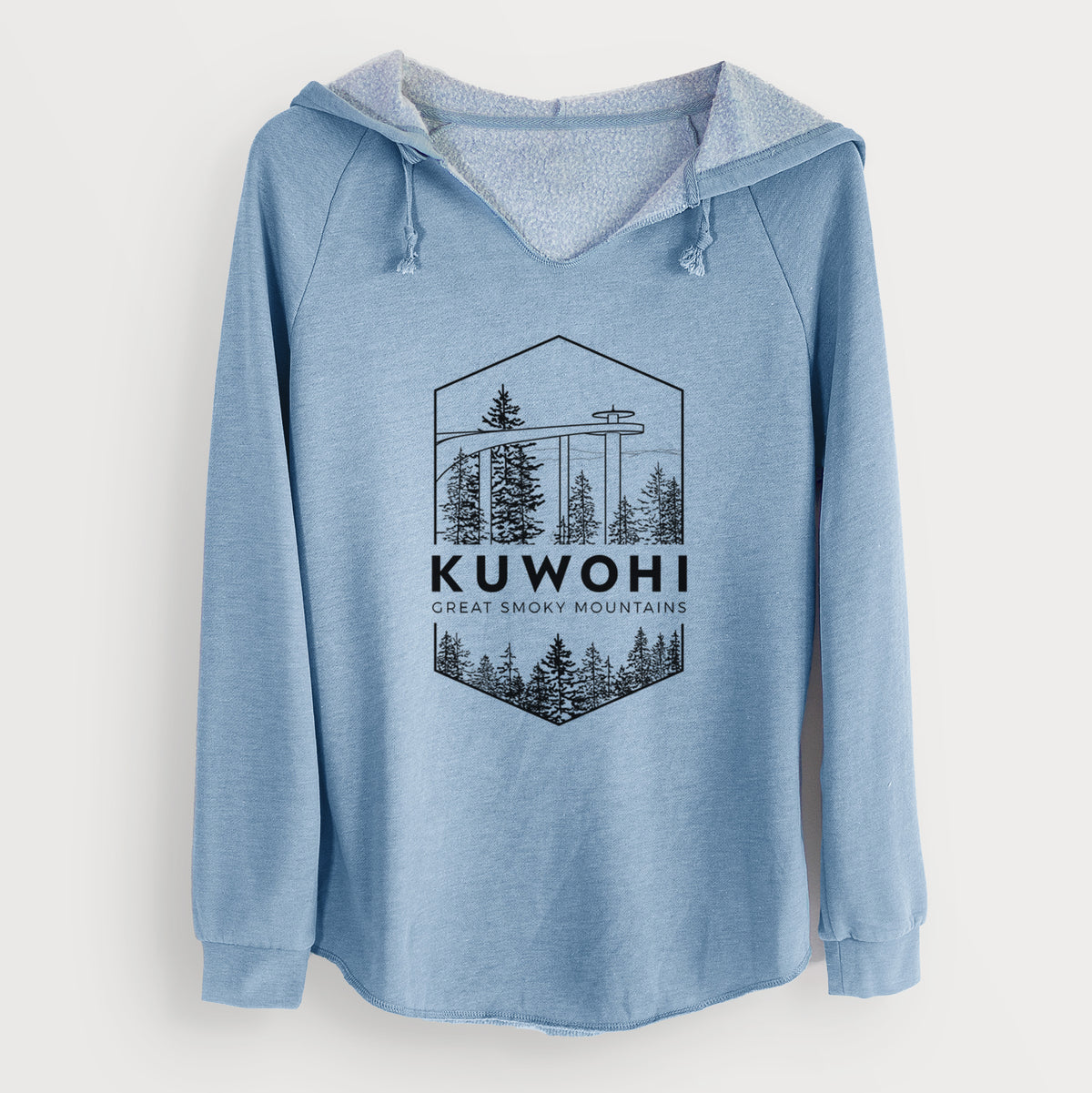 Misty blue women's Cali Wave hooded sweatshirt laid flat, printed with a black line art badge of the Kuwohi observation tower above pine trees, with the words Kuwohi, Great Smoky Mountains.