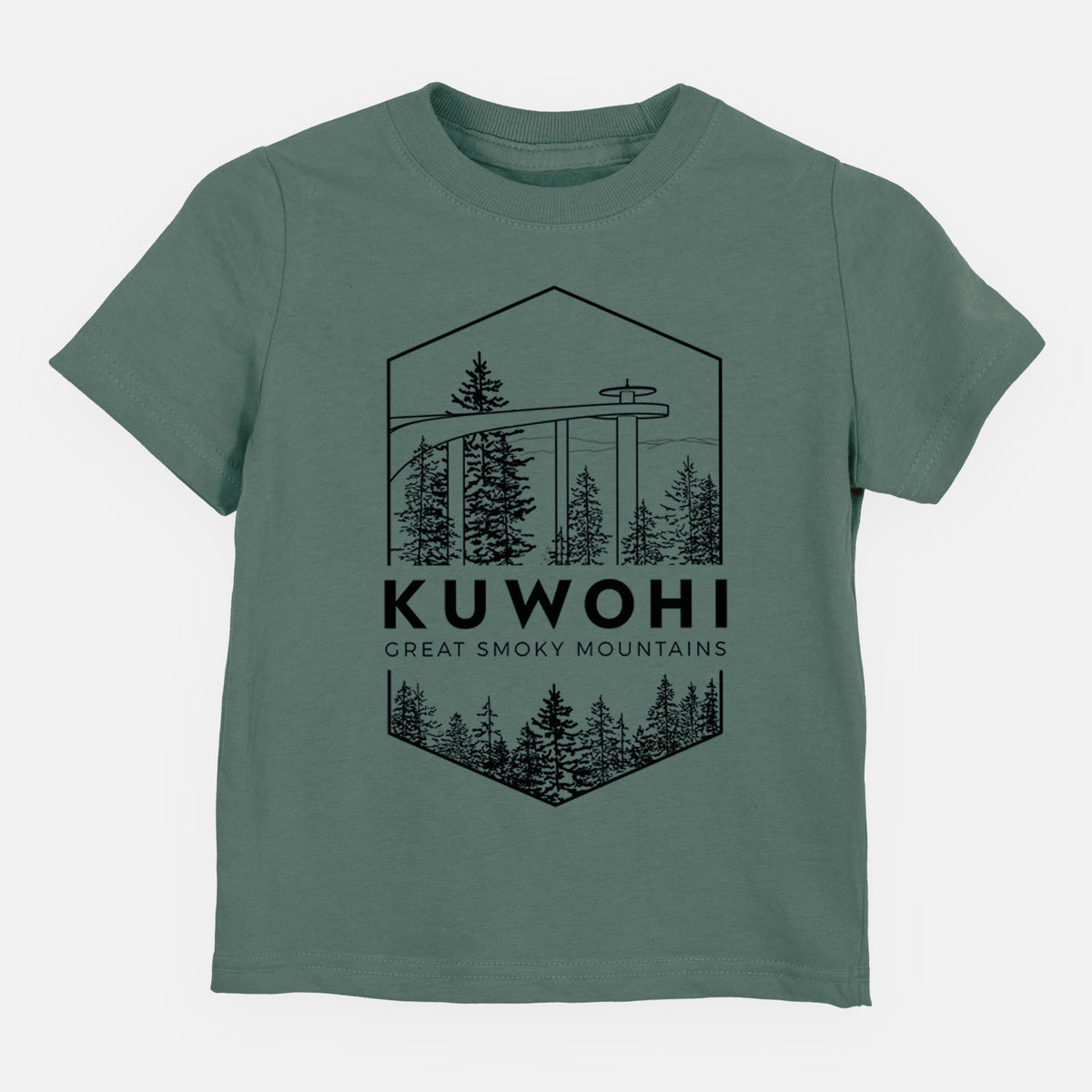 Basil green toddler t-shirt laid flat, printed with a black line art badge of the Kuwohi observation tower above pine trees, with the words Kuwohi, Great Smoky Mountains.